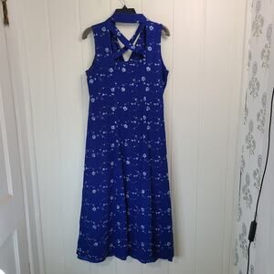 Vintage Cimmaron Dress Blue Embroidered Linen Blend Shirt Dress Size 8 Floral